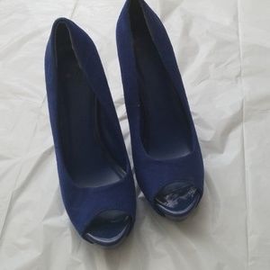 Blue suede platform heels